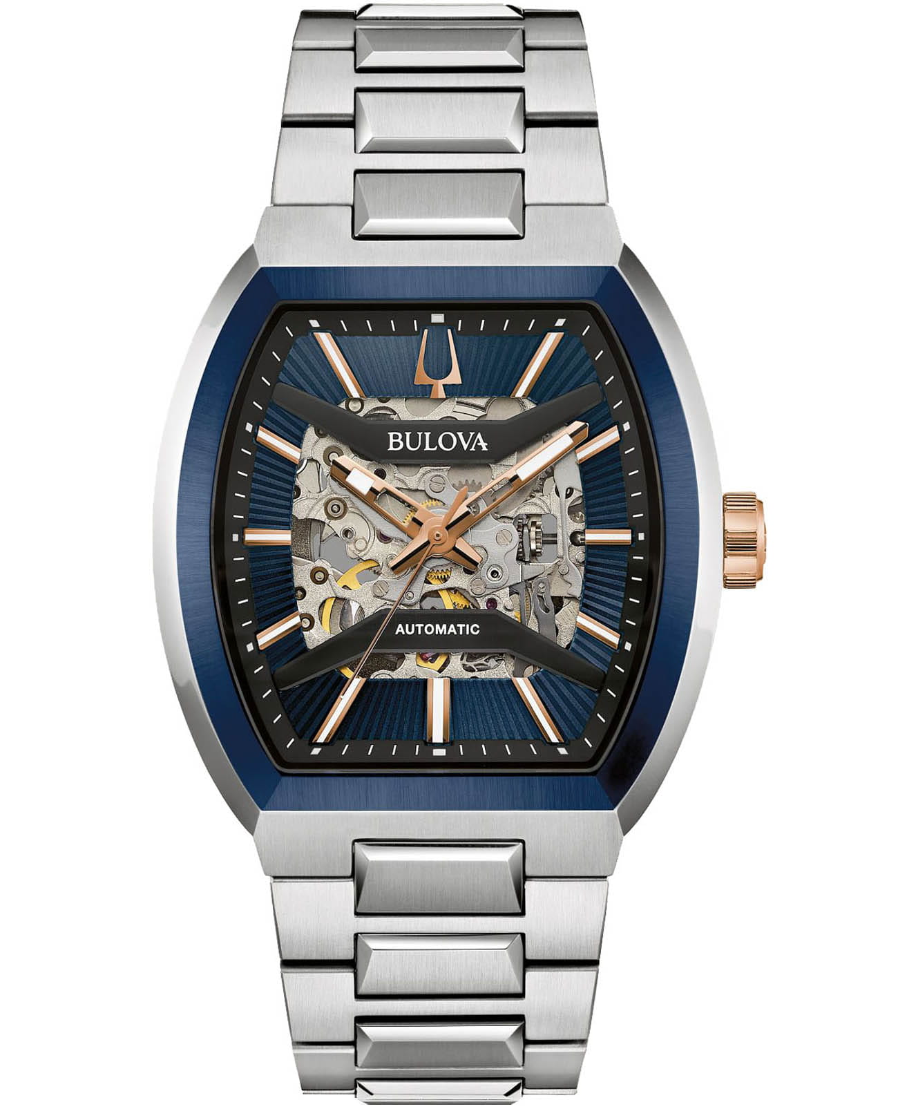 Bulova Bulova Maquina 98A319  98A319 механические мужские часы синий циферблат, браслет нержавеющая сталь — вид спереди