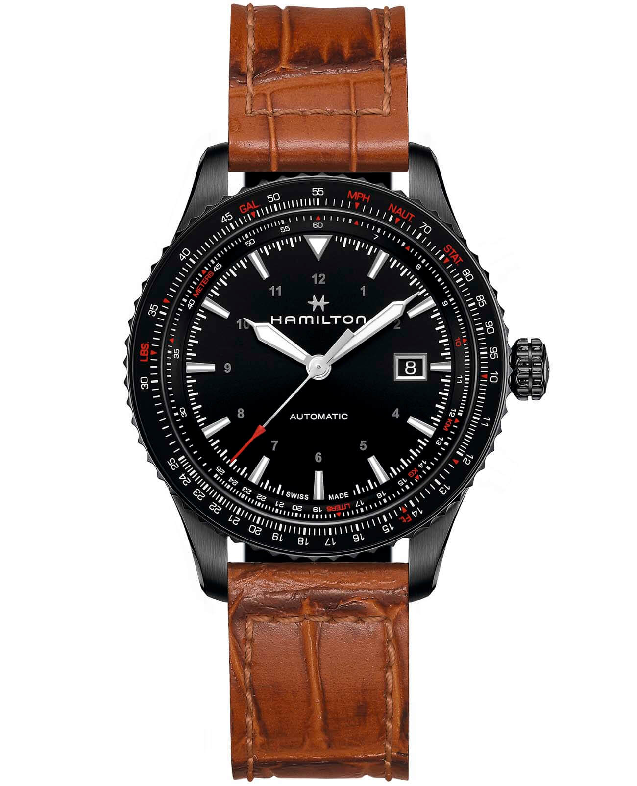 Hamilton Hamilton Khaki Aviation Converter H76625530  H76625530 механические мужские часы черный циферблат, браслет кожаный — вид спереди