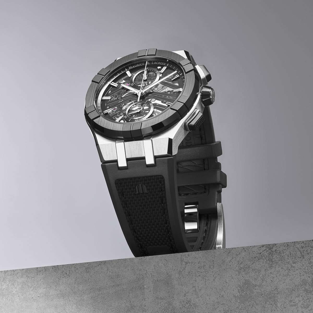 Оригинальные часы Maurice Lacroix Maurice Lacroix Aikonic Automatic Chronograph Skeleton AC8018-SSL20-030-2 механические калибр механизма  общий вид