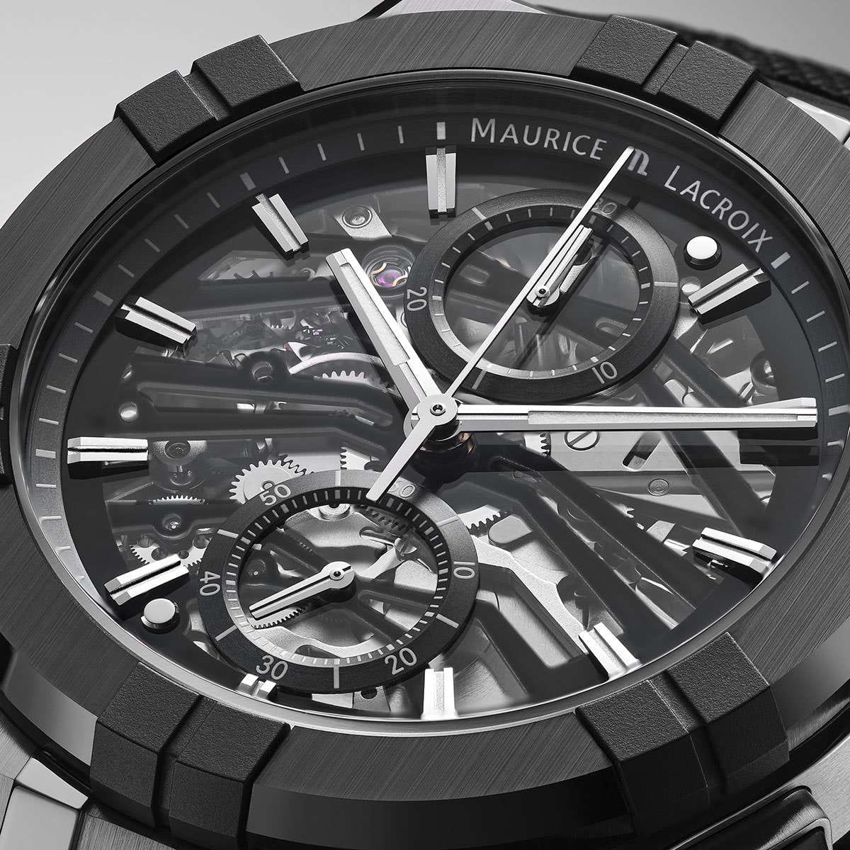 Maurice Lacroix Maurice Lacroix Aikonic Automatic Chronograph Skeleton AC8018-SSL20-030-2, aikon швейцария мужские часы на браслете каучук боковой вид