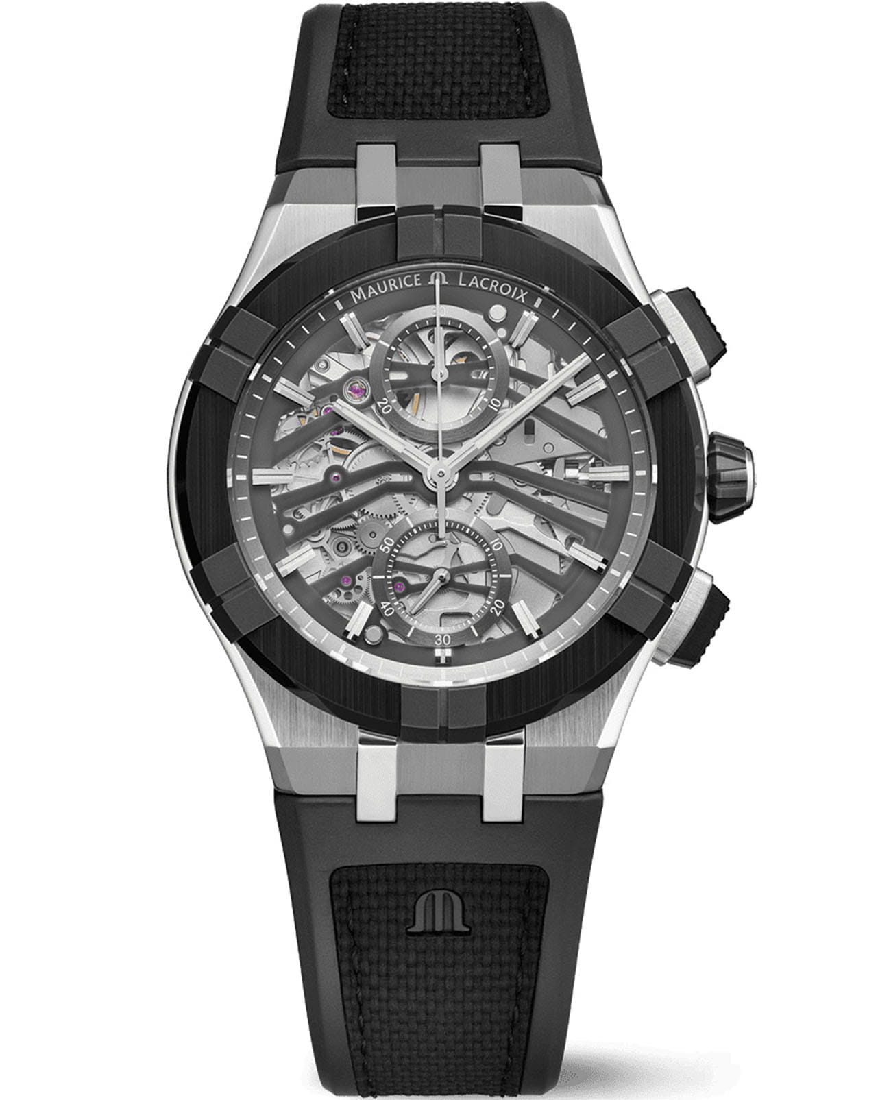 Maurice Lacroix Maurice Lacroix Aikonic Automatic Chronograph Skeleton AC8018-SSL20-030-2  AC8018-SSL20-030-2  механические мужские часы серебристый циферблат, браслет каучук — вид спереди