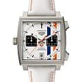 TAG Heuer TAG Heuer Monaco Chronograph x Gulf CAW218G.EB0393  CAW218G.EB0393 механические мужские часы  белый циферблат, браслет тканевый — вид спереди