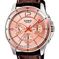 Casio Casio MTP-1374L-9A  MTP-1374L-9A кварцевые мужские часы розовый циферблат, браслет кожаный — вид спереди